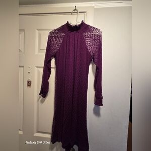 Nina Leonard Purple Long-Sleeve Lace Midi Dress